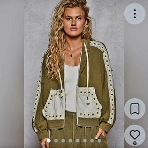 POL Olive Bomber Jacket with Lace Details